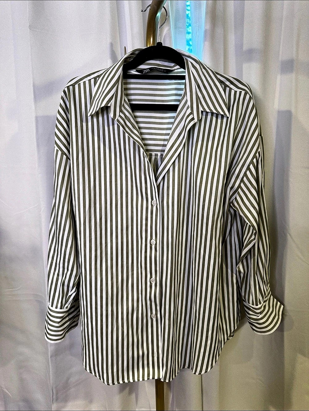 Zara Oversized Striped Button-Up Shirt Green & White Medium